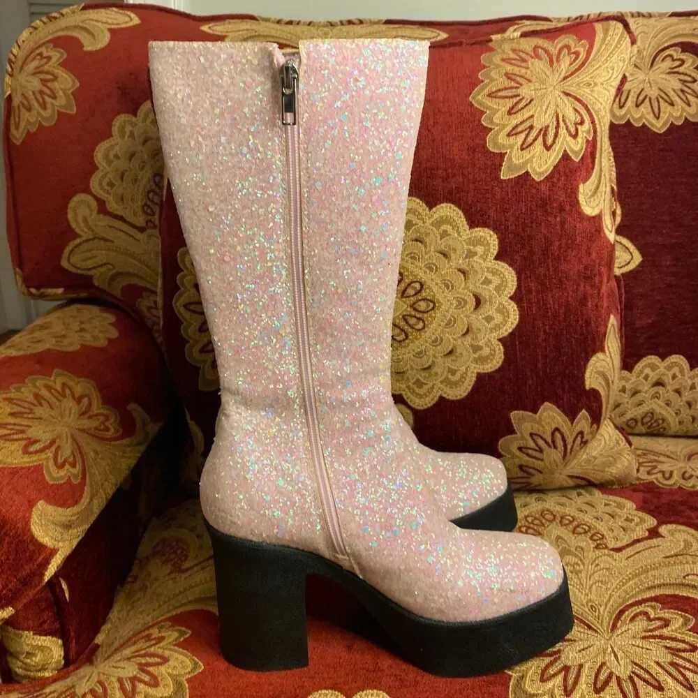y2k rave inspired pastel pink glittery knee high chunky platform boots LaModa